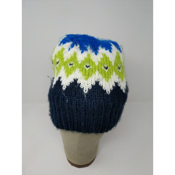 Land's End 100% Acrylic Beanie Hat Blue Size M-L Striped Diamond Pattern - Picture 3 of 10